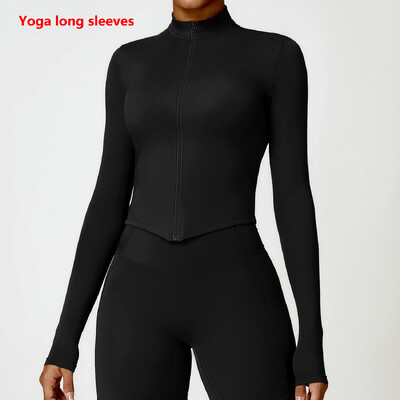 Naiste spordidressi tõmblukuga jakk Slim Fit pikkade varrukatega fitnessmantel Jooga Crop Tops Jõusaali Push Up jakk Jooksu trenni dressipluusid