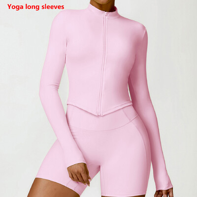 Naiste spordidressi tõmblukuga jakk Slim Fit pikkade varrukatega fitnessmantel Jooga Crop Tops Jõusaali Push Up jakk Jooksu trenni dressipluusid