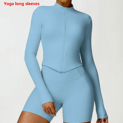 Naiste spordidressi tõmblukuga jakk Slim Fit pikkade varrukatega fitnessmantel Jooga Crop Tops Jõusaali Push Up jakk Jooksu trenni dressipluusid