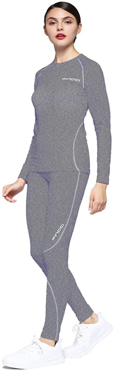 Findci Tricou cu mânecă lungă pentru femei, 2 buc./set Dry Fit, compresie atletică, cu jambiere, strat de bază