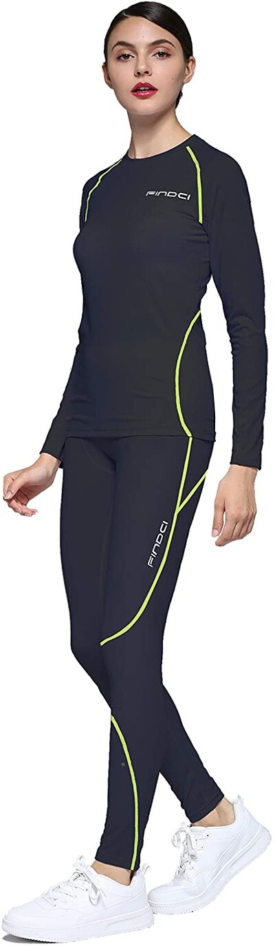 Findci Tricou cu mânecă lungă pentru femei, 2 buc./set Dry Fit, compresie atletică, cu jambiere, strat de bază