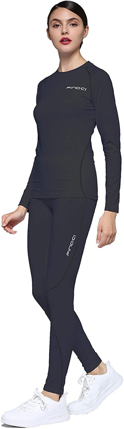 Findci Tricou cu mânecă lungă pentru femei, 2 buc./set Dry Fit, compresie atletică, cu jambiere, strat de bază