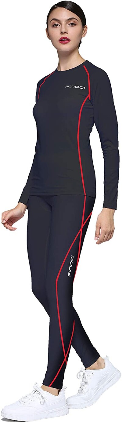 Findci Tricou cu mânecă lungă pentru femei, 2 buc./set Dry Fit, compresie atletică, cu jambiere, strat de bază