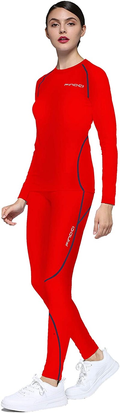 Findci Tricou cu mânecă lungă pentru femei, 2 buc./set Dry Fit, compresie atletică, cu jambiere, strat de bază