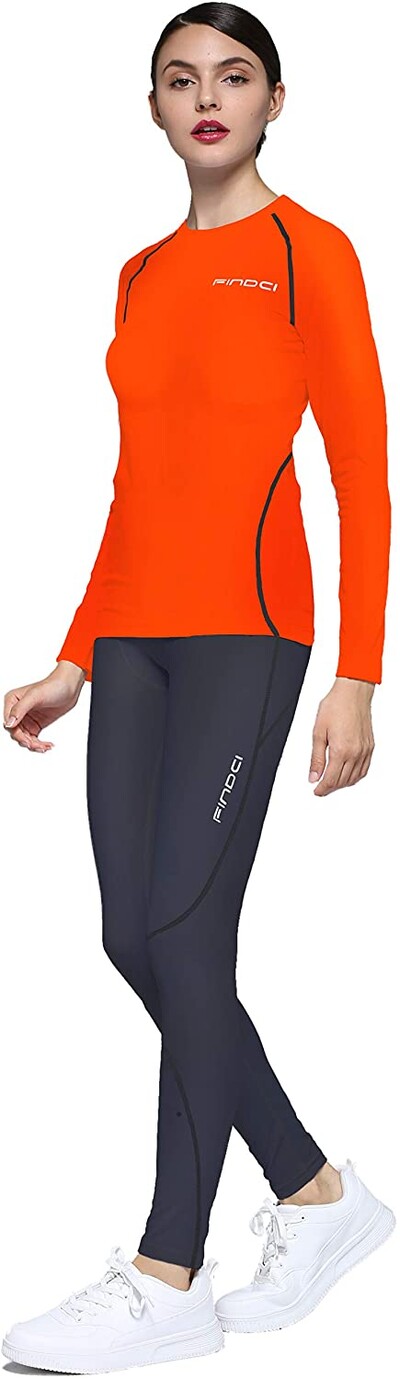 Findci Tricou cu mânecă lungă pentru femei, 2 buc./set Dry Fit, compresie atletică, cu jambiere, strat de bază