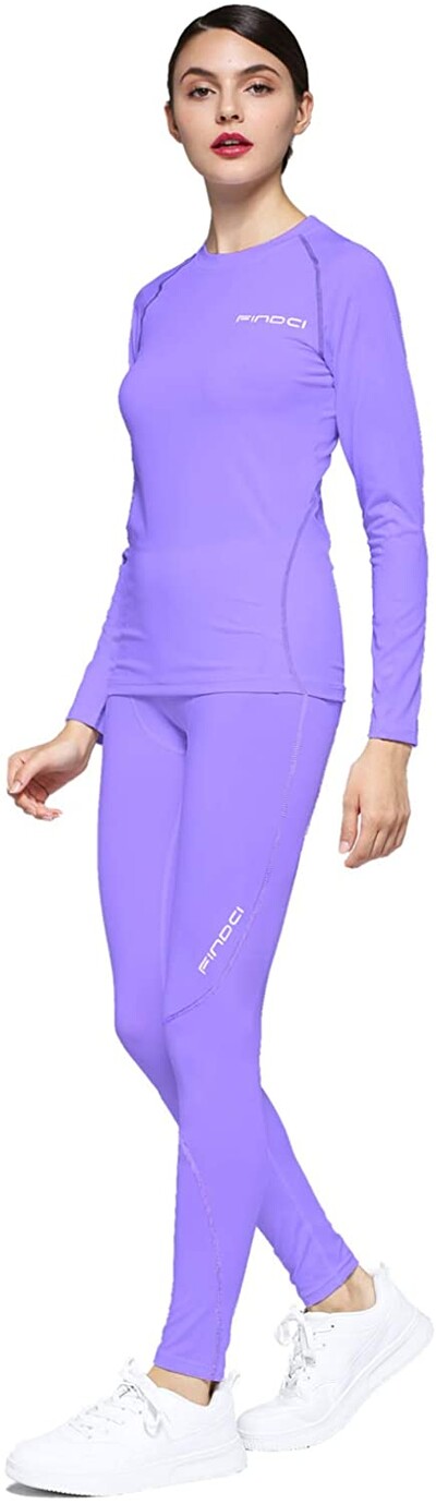 Findci Tricou cu mânecă lungă pentru femei, 2 buc./set Dry Fit, compresie atletică, cu jambiere, strat de bază