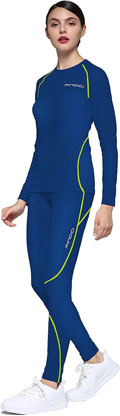 Findci Tricou cu mânecă lungă pentru femei, 2 buc./set Dry Fit, compresie atletică, cu jambiere, strat de bază
