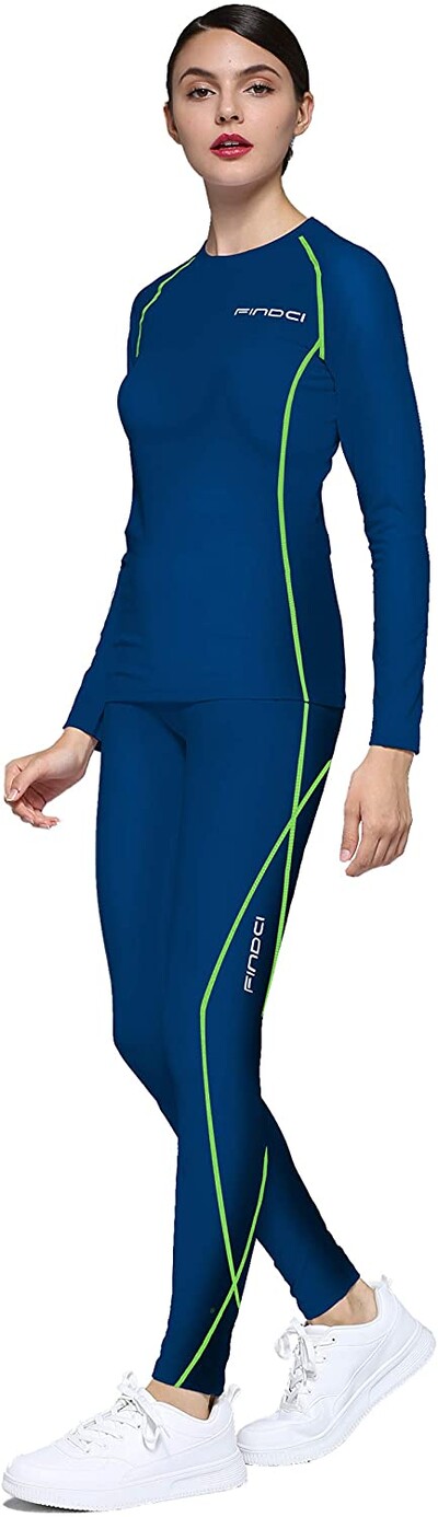 Findci Tricou cu mânecă lungă pentru femei, 2 buc./set Dry Fit, compresie atletică, cu jambiere, strat de bază