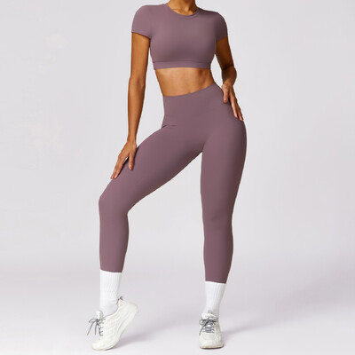 2 TK Naiste õmblusteta joogakomplekt Spordiülikond Jõusaalirõivad Treeningriided Lühikeste varrukatega Jõusaali Crop Top kõrge vöökohaga säärised Fitness Spordirõivad