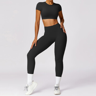 2 TK Naiste õmblusteta joogakomplekt Spordiülikond Jõusaalirõivad Treeningriided Lühikeste varrukatega Jõusaali Crop Top kõrge vöökohaga säärised Fitness Spordirõivad