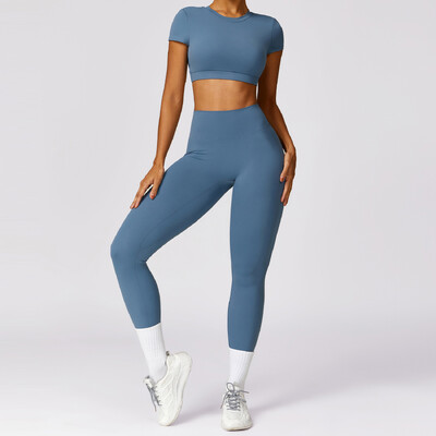 2 TK Naiste õmblusteta joogakomplekt Spordiülikond Jõusaalirõivad Treeningriided Lühikeste varrukatega Jõusaali Crop Top kõrge vöökohaga säärised Fitness Spordirõivad