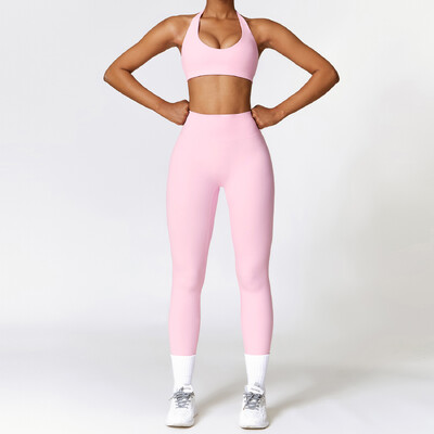 Set de yoga nou, 2 buc. Trening pentru femei, fără sudură, îmbrăcăminte sport, îmbrăcăminte de gimnastică, jambiere cu talie înaltă cu cordon, costume sportive de fitness