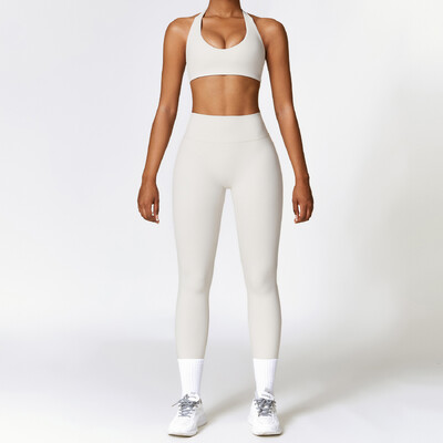 Set de yoga nou, 2 buc. Trening pentru femei, fără sudură, îmbrăcăminte sport, îmbrăcăminte de gimnastică, jambiere cu talie înaltă cu cordon, costume sportive de fitness