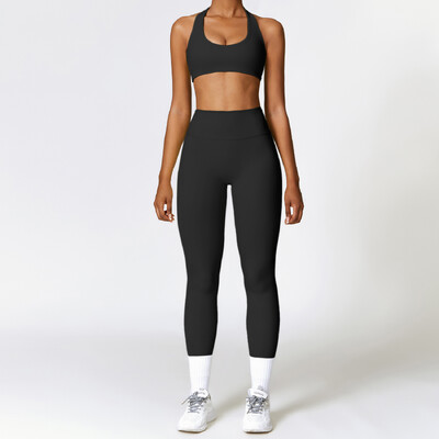 Set de yoga nou, 2 buc. Trening pentru femei, fără sudură, îmbrăcăminte sport, îmbrăcăminte de gimnastică, jambiere cu talie înaltă cu cordon, costume sportive de fitness