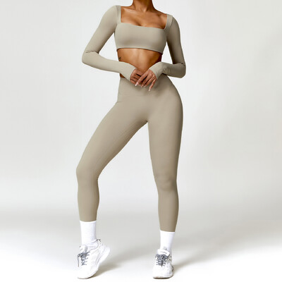 Jóga szett 2 DB Női edzőterem, hosszú ujjú, varrat nélküli sportruházat edzésruházat sportos viselet legging fitness melltartó Crop felső sportruhák