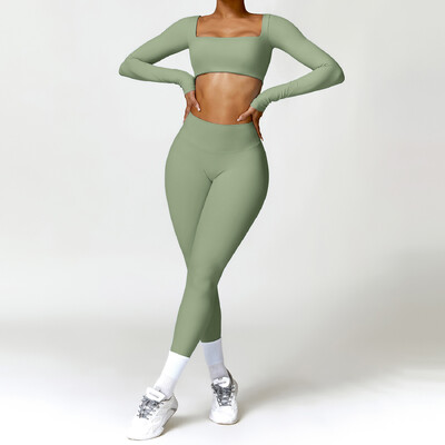 Jóga szett 2 DB Női edzőterem, hosszú ujjú, varrat nélküli sportruházat edzésruházat sportos viselet legging fitness melltartó Crop felső sportruhák