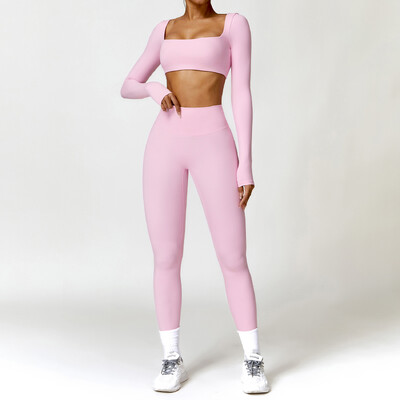 Jóga szett 2 DB Női edzőterem, hosszú ujjú, varrat nélküli sportruházat edzésruházat sportos viselet legging fitness melltartó Crop felső sportruhák