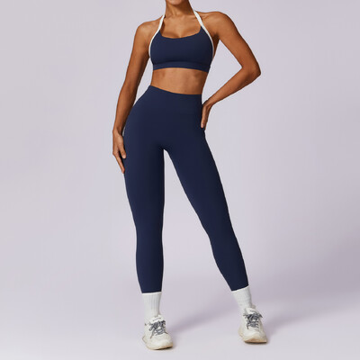 2 részes női tréningruha jóga készlet edzés sportruházat edzőtermi ruházat fitnesz hosszú ujjú, felső felső magas derekú leggings sportruházat