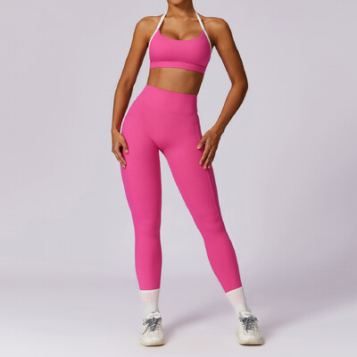 2 részes női tréningruha jóga készlet edzés sportruházat edzőtermi ruházat fitnesz hosszú ujjú, felső felső magas derekú leggings sportruházat