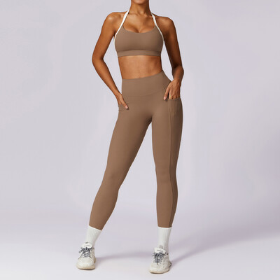 2 részes női tréningruha jóga készlet edzés sportruházat edzőtermi ruházat fitnesz hosszú ujjú, felső felső magas derekú leggings sportruházat
