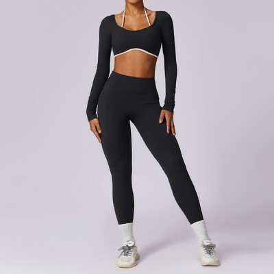 2 részes női tréningruha jóga készlet edzés sportruházat edzőtermi ruházat fitnesz hosszú ujjú, felső felső magas derekú leggings sportruházat