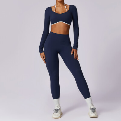 2 részes női tréningruha jóga készlet edzés sportruházat edzőtermi ruházat fitnesz hosszú ujjú, felső felső magas derekú leggings sportruházat