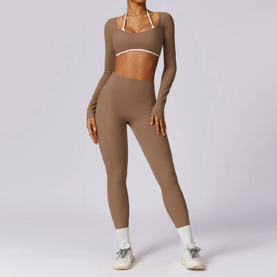 2 részes női tréningruha jóga készlet edzés sportruházat edzőtermi ruházat fitnesz hosszú ujjú, felső felső magas derekú leggings sportruházat