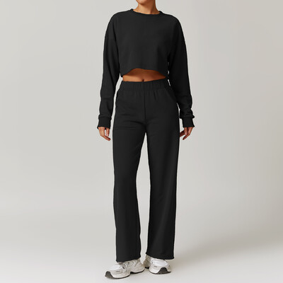 2 buc. Îmbrăcăminte de iarnă pentru femei Set de yoga pentru antrenament Îmbrăcăminte sport Îmbrăcăminte de gimnastică Fitness cu mânecă lungă Crop Top Jambiere cu talie înaltă Costume sportive