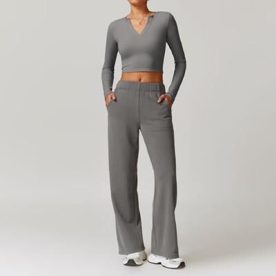2 buc. Îmbrăcăminte de iarnă pentru femei Set de yoga pentru antrenament Îmbrăcăminte sport Îmbrăcăminte de gimnastică Fitness cu mânecă lungă Crop Top Jambiere cu talie înaltă Costume sportive