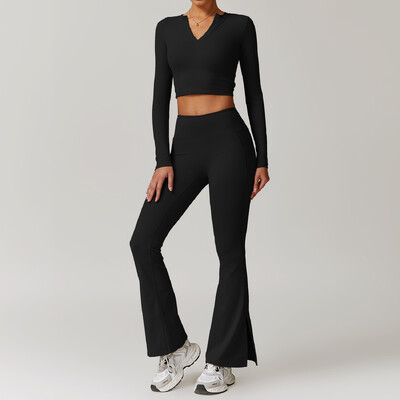 2 buc. Îmbrăcăminte de iarnă pentru femei Set de yoga pentru antrenament Îmbrăcăminte sport Îmbrăcăminte de gimnastică Fitness cu mânecă lungă Crop Top Jambiere cu talie înaltă Costume sportive