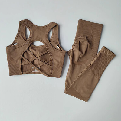 Set 2 piese Trening pentru fitness pentru femei Set de yoga Set de gimnastică scobit Sutien sport + Jambiere cu talie înaltă Costume sportive Îmbrăcăminte sport de antrenament