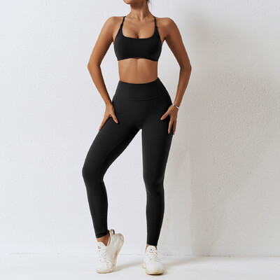 Jógakészlet Női 2 részes tornatermi ruhák Push Up Ruházat Magas derekú Leggings Fitness Rövidnadrág Sport Melltartó Edzőruha Sportruházat