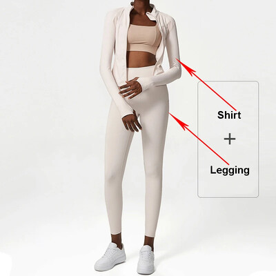 2db sport szett női tömör rugalmas jóga öltöny cipzáras hosszú ujjú ing magas derekú leggings légáteresztő edzés edzőtermi ruhák