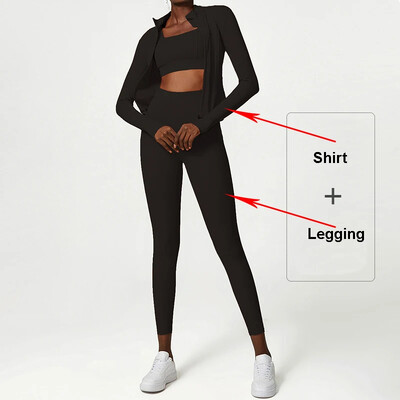 2db sport szett női tömör rugalmas jóga öltöny cipzáras hosszú ujjú ing magas derekú leggings légáteresztő edzés edzőtermi ruhák