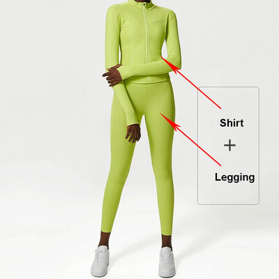 2db sport szett női tömör rugalmas jóga öltöny cipzáras hosszú ujjú ing magas derekú leggings légáteresztő edzés edzőtermi ruhák