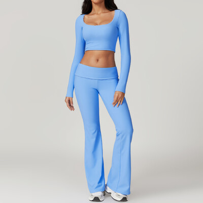 Női ruhák 2db tornatermi jóga öltöny szorosan testhezálló sportkészlet edzéshez Légáteresztő pólók melltartó felső bő, csengő-alsó leggings