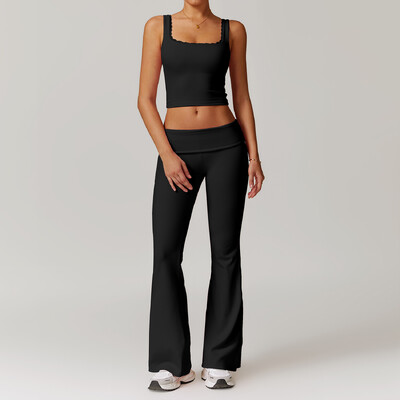 Női ruhák 2db tornatermi jóga öltöny szorosan testhezálló sportkészlet edzéshez Légáteresztő pólók melltartó felső bő, csengő-alsó leggings