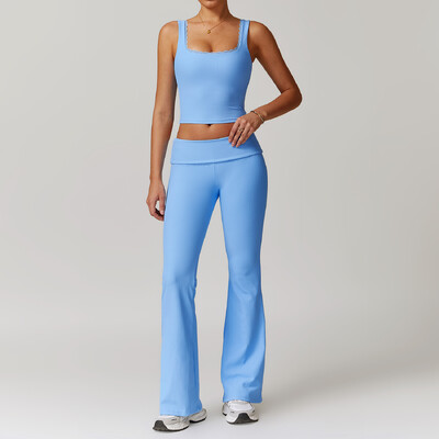 Női ruhák 2db tornatermi jóga öltöny szorosan testhezálló sportkészlet edzéshez Légáteresztő pólók melltartó felső bő, csengő-alsó leggings