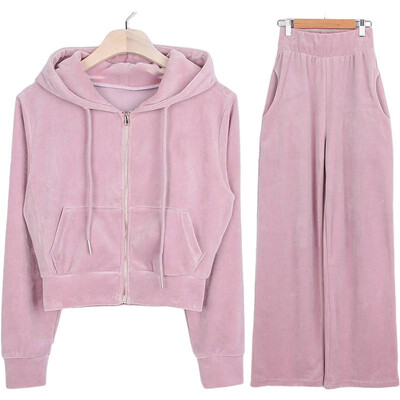 Toamnă Iarnă Catifea Pure Seturi Sportive Femei Stil Corean Moda Hanorace Decupate Zip Up Casual Pantaloni Tale Înaltă Set Sport cald