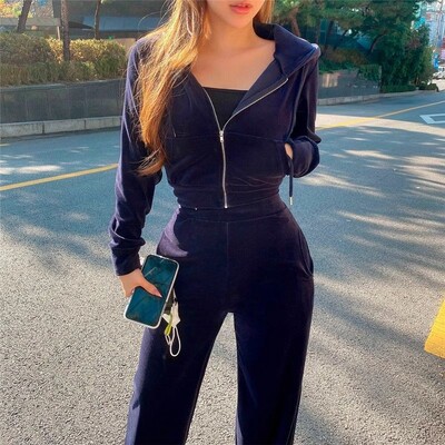 Toamnă Iarnă Catifea Pure Seturi Sportive Femei Stil Corean Moda Hanorace Decupate Zip Up Casual Pantaloni Tale Înaltă Set Sport cald