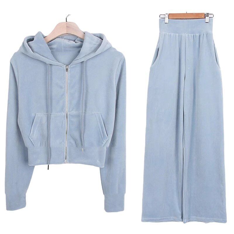 Φθινοπωρινά χειμωνιάτικα βελούδινα καθαρά αθλητικά σετ Γυναικεία κορεατικά στυλ Κομμένες κουκούλες με φερμουάρ Casual ψηλόμεσο παντελόνι Ζεστό αθλητικό σετ