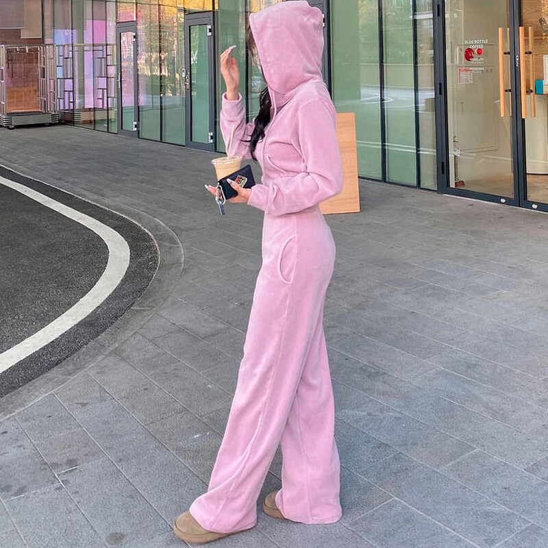 Φθινοπωρινά χειμωνιάτικα βελούδινα καθαρά αθλητικά σετ Γυναικεία κορεατικά στυλ Κομμένες κουκούλες με φερμουάρ Casual ψηλόμεσο παντελόνι Ζεστό αθλητικό σετ