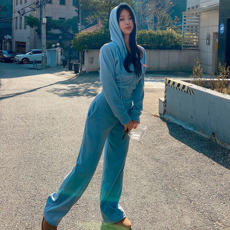 Φθινοπωρινά χειμωνιάτικα βελούδινα καθαρά αθλητικά σετ Γυναικεία κορεατικά στυλ Κομμένες κουκούλες με φερμουάρ Casual ψηλόμεσο παντελόνι Ζεστό αθλητικό σετ
