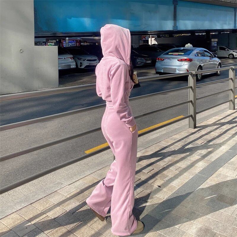 Φθινοπωρινά χειμωνιάτικα βελούδινα καθαρά αθλητικά σετ Γυναικεία κορεατικά στυλ Κομμένες κουκούλες με φερμουάρ Casual ψηλόμεσο παντελόνι Ζεστό αθλητικό σετ