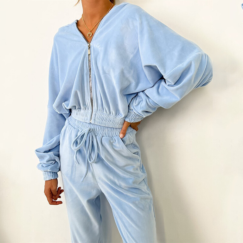 Γυναικείο σετ μόδας Φθινόπωρο και Χειμώνας 2024 Φούτερ με φερμουάρ με κορδόνι Παντελόνι μονόχρωμο Σετ δύο τεμαχίων