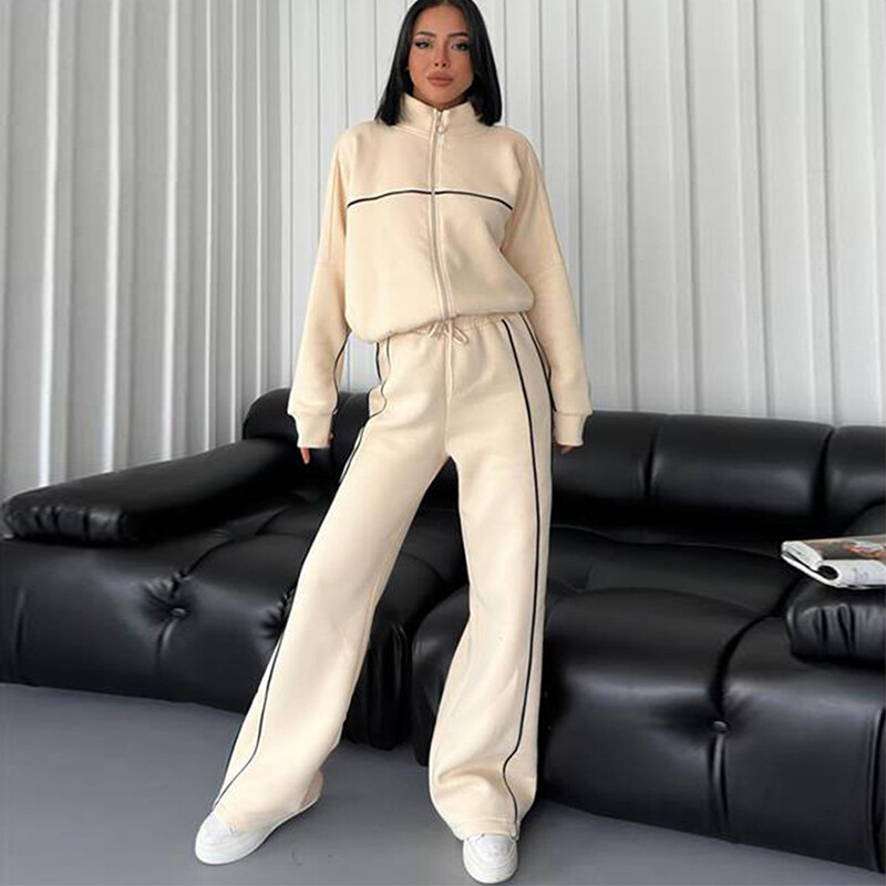 Casual Σετ Ζακέτα με μακρυμάνικο μισό ψηλό γιακά με κορδόνια παντελόνι με ρίγες Σετ παντελόνι γυναικεία ένδυση Casual σετ 2 τεμαχίων