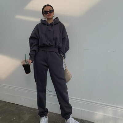 Őszi téli kocogó pulóver edzőterem edzés női őszi ruha 2 részes crop top oversize kapucnis női tréningruha