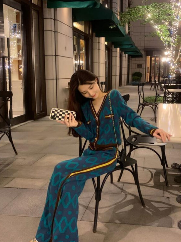 Γυναικείο πουλόβερ παντελόνι πλεκτό φθινόπωρο, χειμερινό φαρδύ τύπωμα γυναικείο παντελόνι με βελονάκι, σετ δύο τεμαχίων, πολυτελή αριστοκρατικά ρούχα