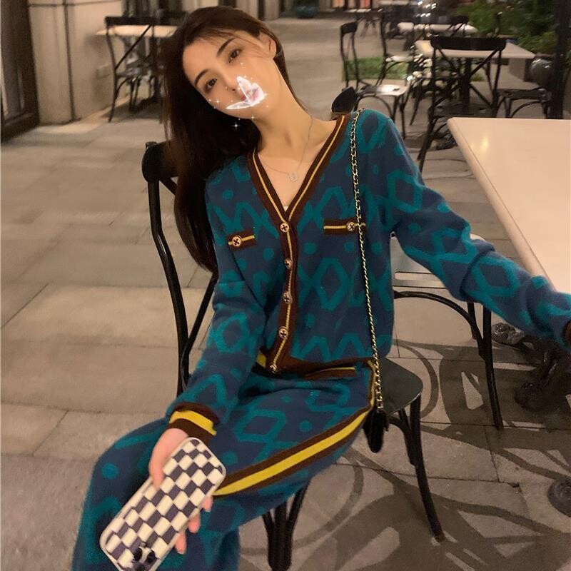 Γυναικείο πουλόβερ παντελόνι πλεκτό φθινόπωρο, χειμερινό φαρδύ τύπωμα γυναικείο παντελόνι με βελονάκι, σετ δύο τεμαχίων, πολυτελή αριστοκρατικά ρούχα