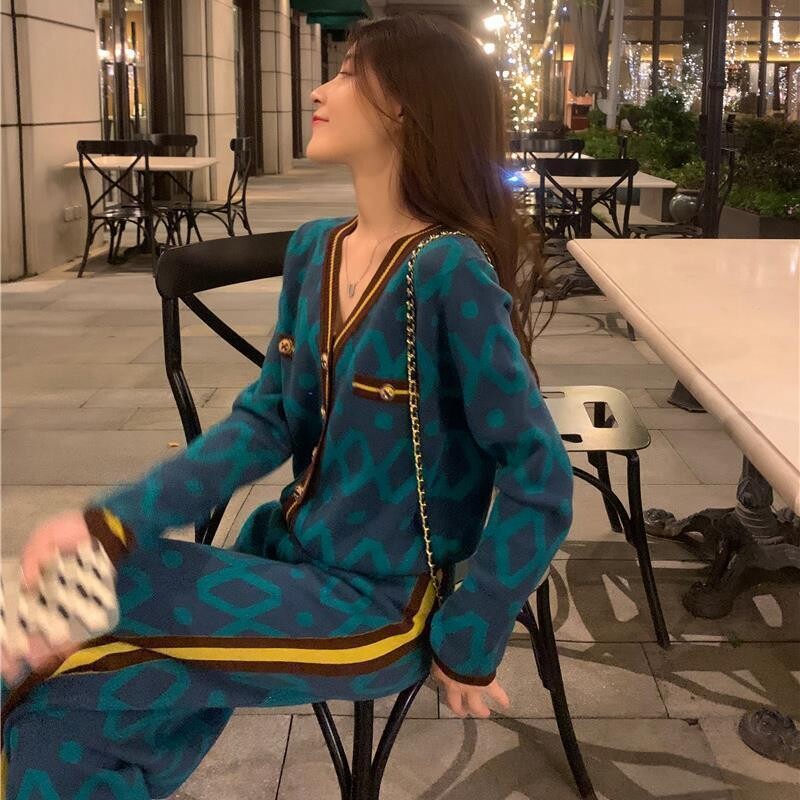 Γυναικείο πουλόβερ παντελόνι πλεκτό φθινόπωρο, χειμερινό φαρδύ τύπωμα γυναικείο παντελόνι με βελονάκι, σετ δύο τεμαχίων, πολυτελή αριστοκρατικά ρούχα